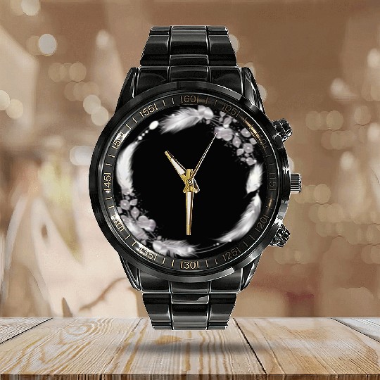 delicate frame of silver colored feathers & leaves Calendar Steel Band Watch