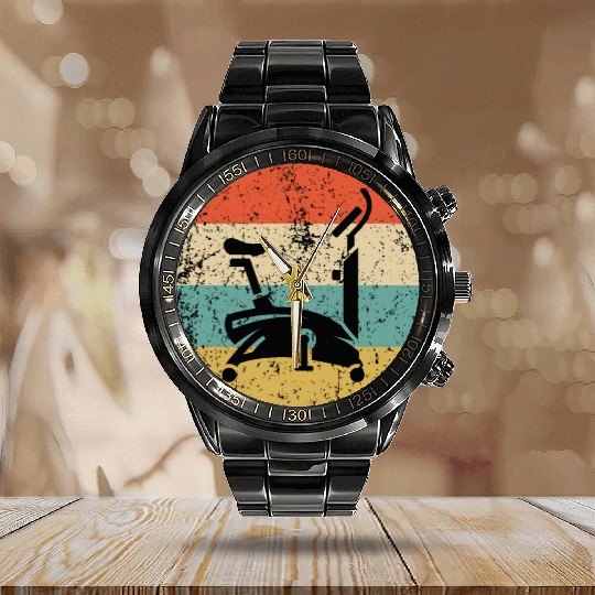 Stationary Bike Gym Equipment Icon Retro Fitness Calendar Steel Band Watch