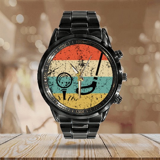 Golf Ball and Club Icon Retro Golfing Calendar Steel Band Watch