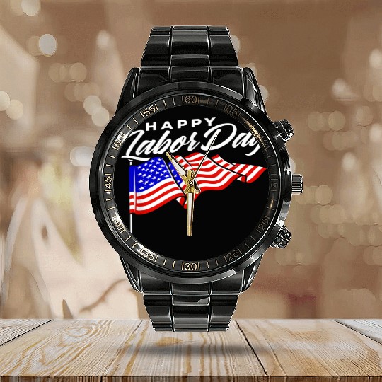 Happy Labor Day US Flag Calendar Steel Band Watch for men women Awesome