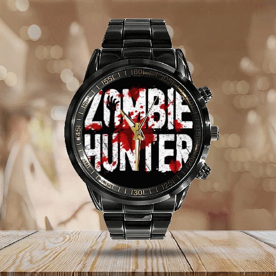 Zombie Hunter Creepy Scary Blood Splatter Zombies Calendar Steel Band Watch
