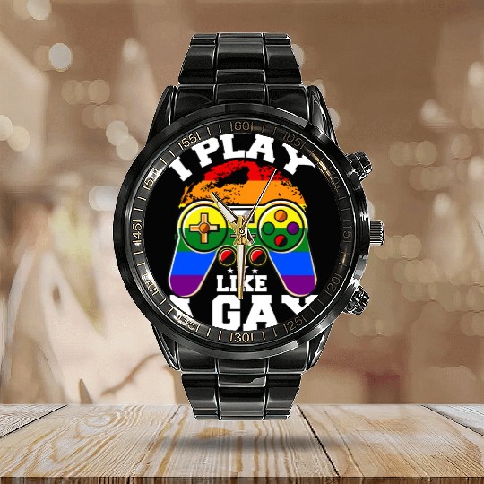 I play like a gay - lgbt gamer rainbow geek nerd Calendar Steel Band Watch