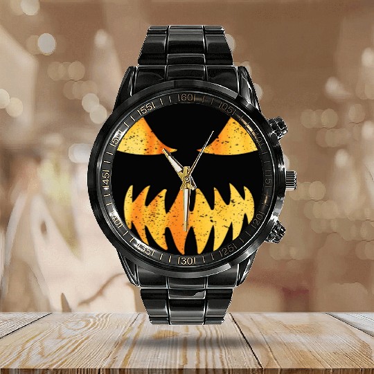 Retro Jack O Lantern Scary Carved Pumpkin Face Calendar Steel Band Watch