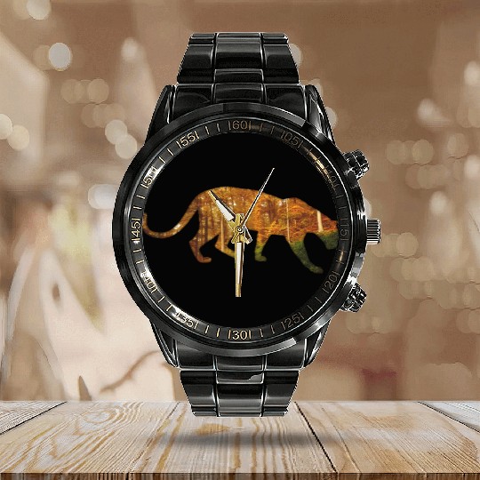 Leopard in forest Calendar Steel Band Watch