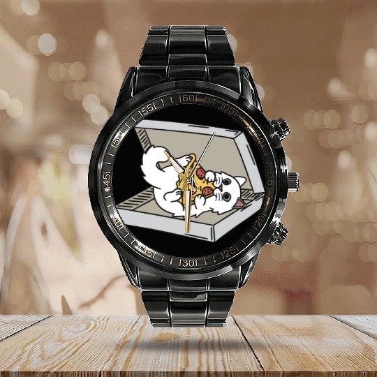 Persian Cat Pizza Lover Calendar Steel Band Watch