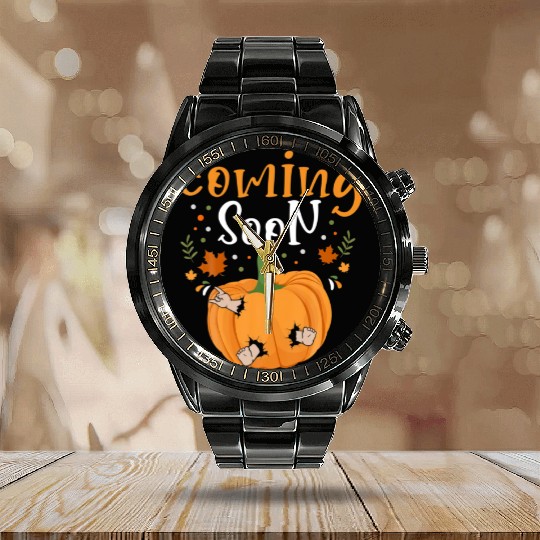 Coming Soon Baby Announcement Thanksgiving Pumpkin Calendar Steel Band Watch