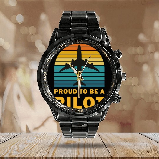Proud To Be A Pilot Funny Flying Calendar Steel Band Watch