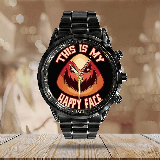 Candy Corn Halloween This Is My Happy Face Funny Calendar Steel Band Watch