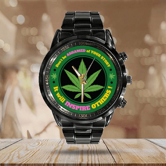 Drug Addiction Recovery AA Sober Sobriety Cannabis Calendar Steel Band Watch