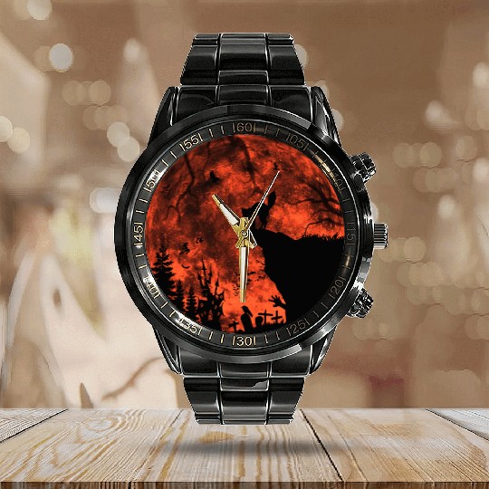 Cat Red Moon trick or treat Bats Forest Funny Hall Calendar Steel Band Watch