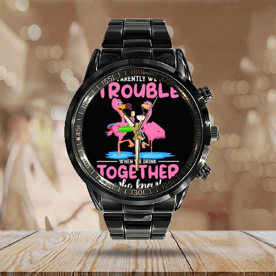 Crazy Flamingo Friends Tropical Bird Calendar Steel Band Watch