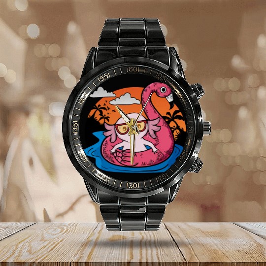 Axolotl Gift Women Swimming Pool Flamingo Axolotl Calendar Steel Band Watch