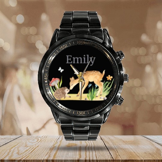 Forest Animal Deer Hedgehog Flowers Name Emily Calendar Steel Band Watch