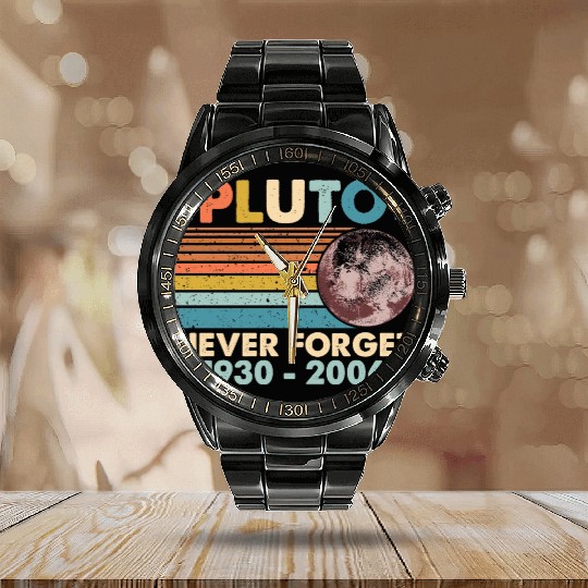 Pluto Never Forget Astronomy Space Science Nerd Calendar Steel Band Watch