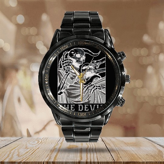 Skeleton Bones Tarot Card Occult Devil Gothic Calendar Steel Band Watch