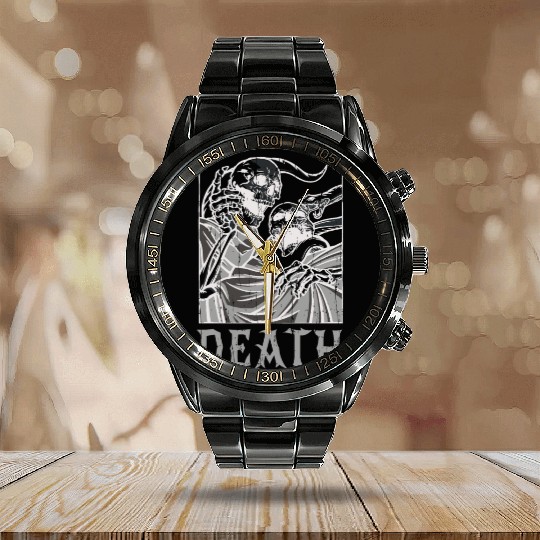 Skeleton Bones Tarot Card Occult Death Gothic Calendar Steel Band Watch