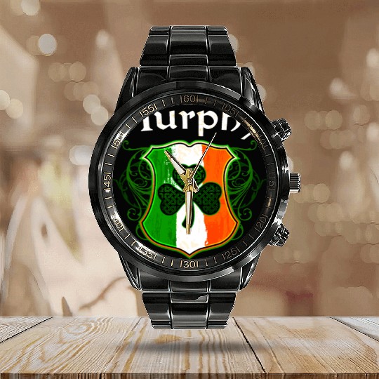 Murphy Irish Surname Ireland Flag Shield Shamrock Calendar Steel Band Watch