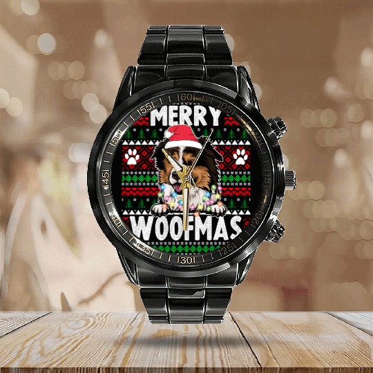 Border Miniature Shepherd Christmas Pajama Calendar Steel Band Watch