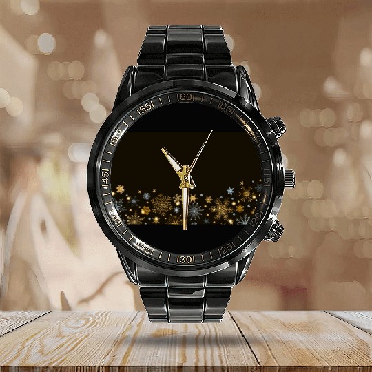 Elegant Snowflakes Black Gold Silver Calendar Steel Band Watch