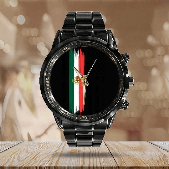Mexican Pride Mexico Flag Calendar Steel Band Watch