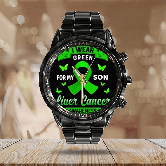 I Wear Green For My Son Liver Cancer Awareness Calendar Steel Band Watch