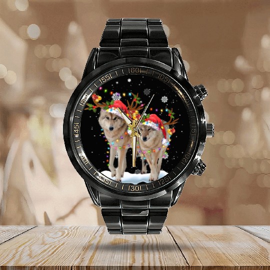 Wolf Christmas Santa Hat Tree Lights Xmas Funny Wo Calendar Steel Band Watch