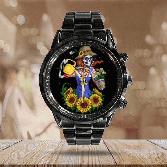 Skeleton Gardening Plants Calendar Steel Band Watch