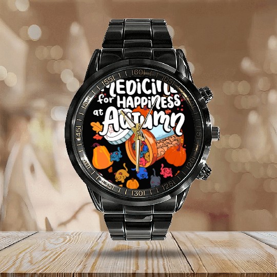 Medicine For Happiness At Autumn Cat Gummies Calendar Steel Band Watch