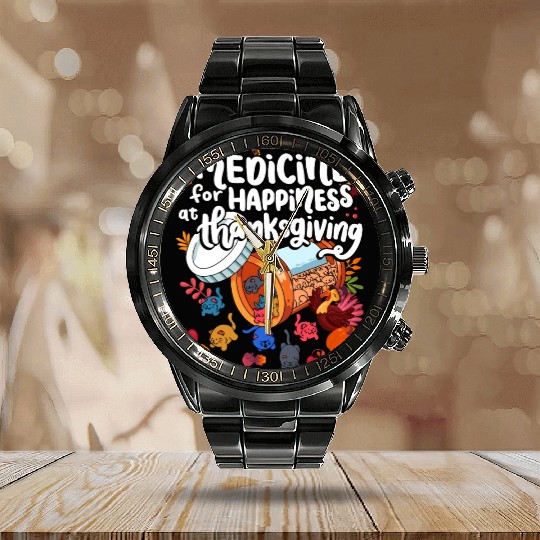 Medicine For Happiness At Thanksgiving Cat Calendar Steel Band Watch