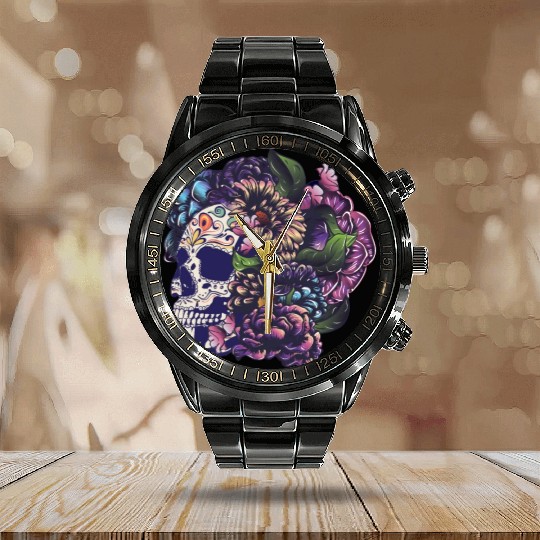 Halloween Sugar Skull And Flowers Calendar Steel Band Watch