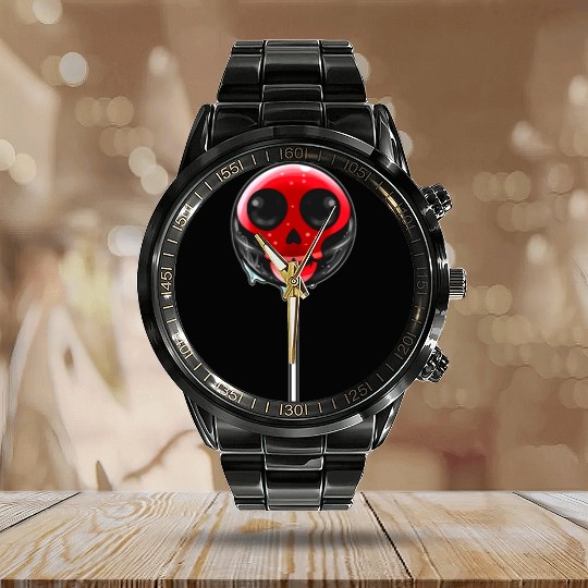 Red Skull Lollipop Trick Or Treat Halloween Calendar Steel Band Watch