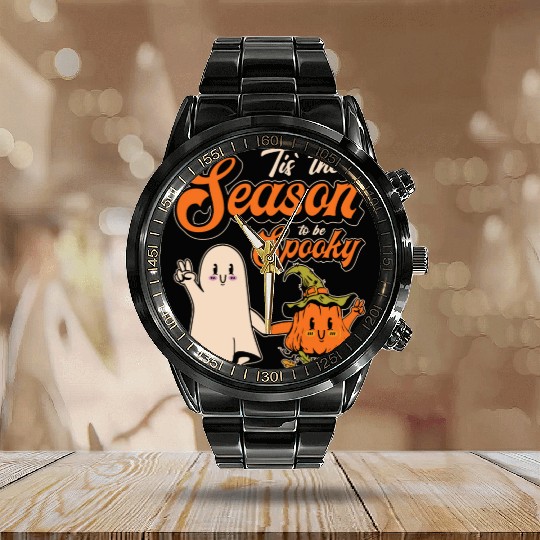 Cute Spooky Pumpkin Ghost Halloween Season Calendar Steel Band Watch