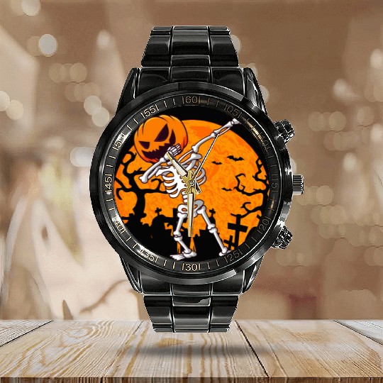 Dabbing Skeleton Jack O Lantern Pumpkin Halloween Calendar Steel Band Watch
