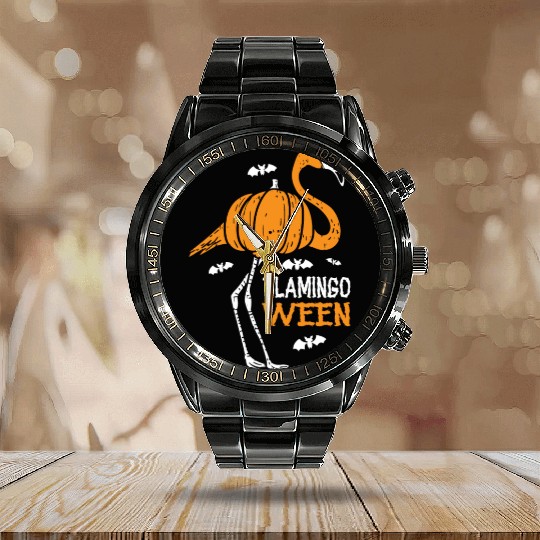 Flamingoween Trick Or Treating Flamingo Halloween Calendar Steel Band Watch