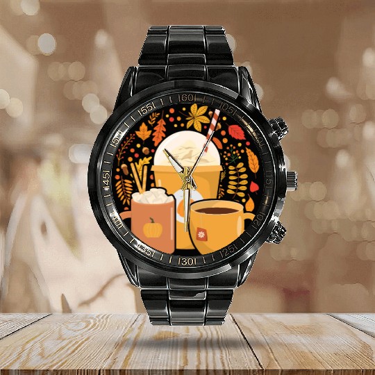 Fall Women Autumn Pumpkin Coffee Lover Calendar Steel Band Watch