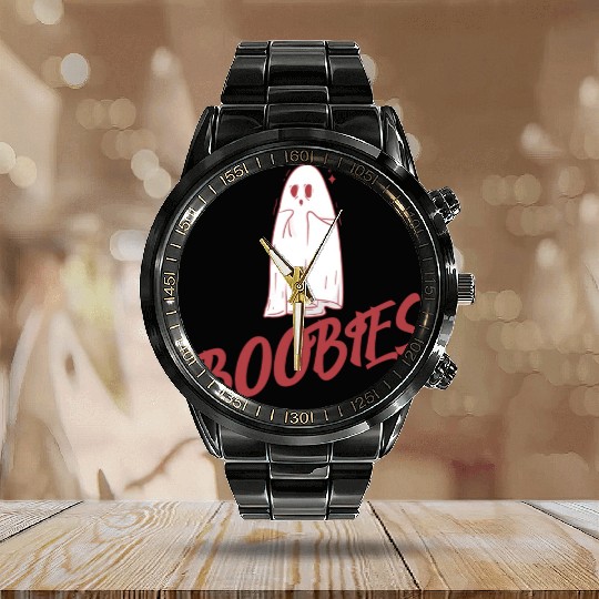 Surprised ghost loves boobies, Boo halloween Calendar Steel Band Watch
