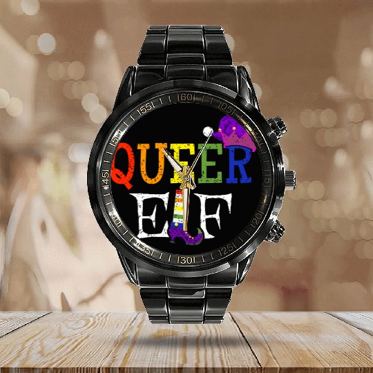 Queer Christmas Elf Gay Pride Calendar Steel Band Watch