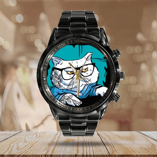 Stylish Nerd Persian Cat Beanie Glasses Tattoo Calendar Steel Band Watch