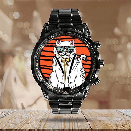 Stylish Nerd Persian Cat Beanie Glasses Tattoo Calendar Steel Band Watch