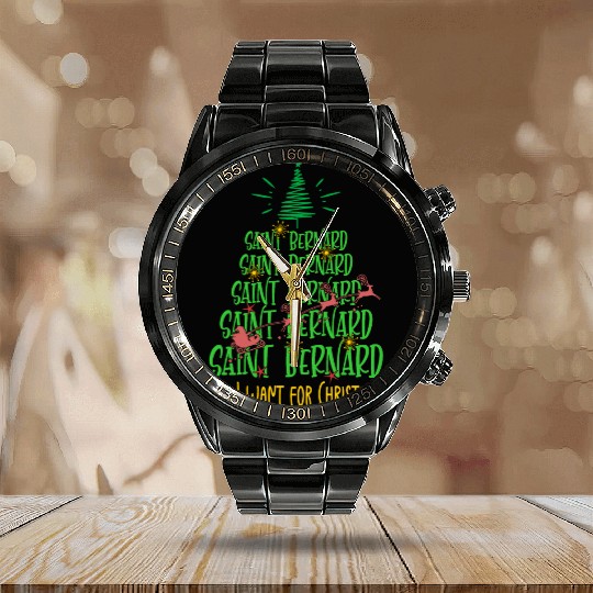 Saint Bernard Christmas Dog breed Christmas Tree Calendar Steel Band Watch