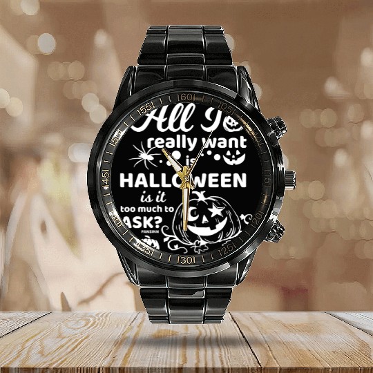 Jack o Lantern Halloween Pumpkin face Calendar Steel Band Watch