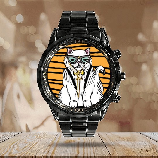 Stylish Nerd Persian Cat Beanie Glasses Tattoo Calendar Steel Band Watch