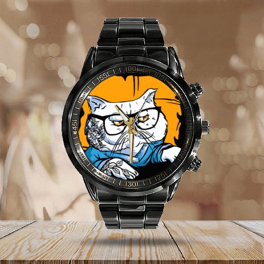 Stylish Nerd Persian Cat Beanie Glasses Tattoo Calendar Steel Band Watch
