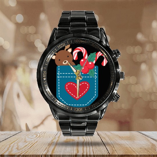 Christmas moose peppermint pocket Calendar Steel Band Watch