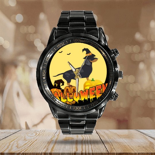 Dachshund Halloween Calendar Steel Band Watch