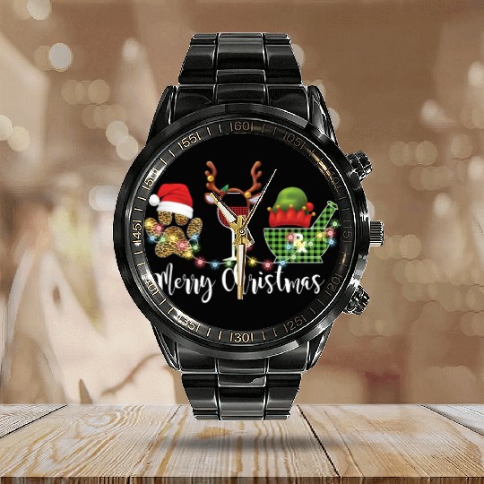 Merry Christmas Pharmacist Dog Mom Wine Calendar Steel Band Watch