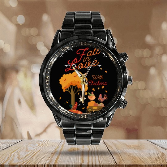 Women Fall Chicken Lover Autumn Calendar Steel Band Watch