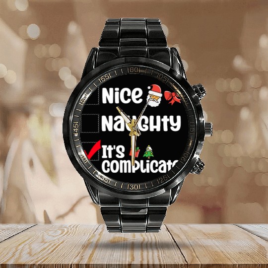 Nice Naughty It's Complicated Christmas List Santa Calendar Steel Band Watch