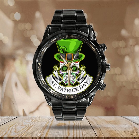 Sugar Skull | St Patrick Day | Lucky Charm Irish Calendar Steel Band Watch