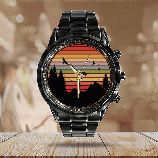 RETRO FOREST WITH BIRDS IN THE SUNSET Calendar Steel Band Watch